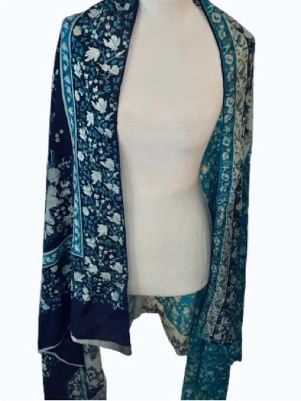 Lovely Large 100% Silk Floral Turquoise Aqua India Scarf Wrap Lightweight Boho